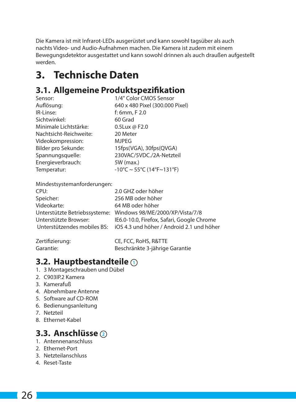 Technische daten, Allgemeine produktspezifikation, Hauptbestandteile | Anschlüsse | ELRO C903IP.2 Plug & play network camera User Manual | Page 26 / 132