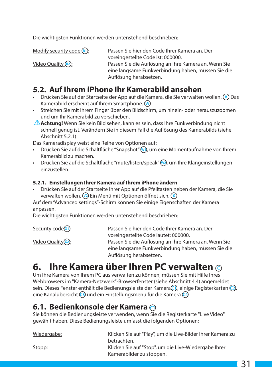 Ihre kamera über ihren pc verwalten, Auf ihrem iphone ihr kamerabild ansehen, Bedienkonsole der kamera | ELRO C903IP.2 Plug & play network camera User Manual | Page 31 / 132