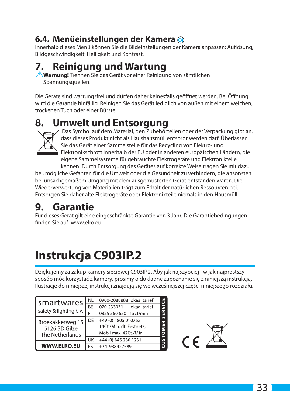 Instrukcja c903ip.2, Reinigung und wartung, Umwelt und entsorgung | Garantie, Menüeinstellungen der kamera | ELRO C903IP.2 Plug & play network camera User Manual | Page 33 / 132