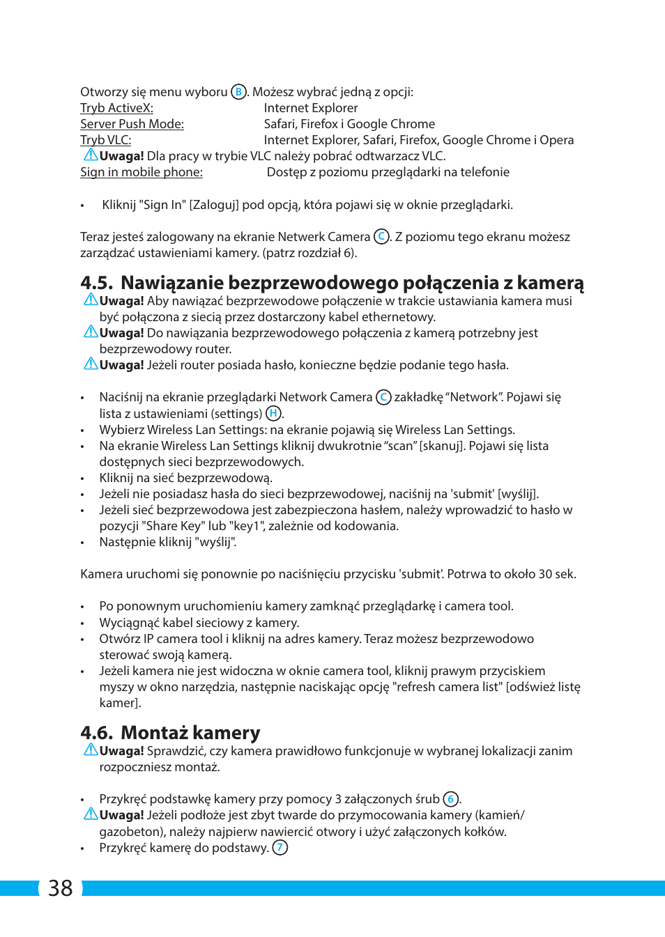 Nawiązanie bezprzewodowego połączenia z kamerą, Montaż kamery | ELRO C903IP.2 Plug & play network camera User Manual | Page 38 / 132