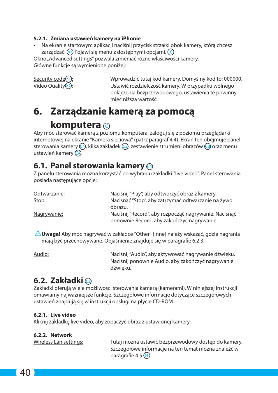Zarządzanie kamerą za pomocą komputera, Panel sterowania kamery, Zakładki | ELRO C903IP.2 Plug & play network camera User Manual | Page 40 / 132