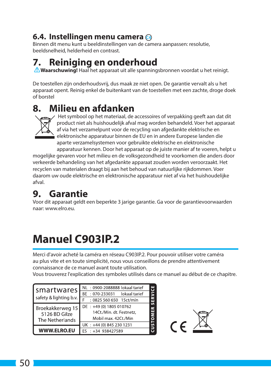 Manuel c903ip.2, Reiniging en onderhoud, Milieu en afdanken | Garantie, Instellingen menu camera | ELRO C903IP.2 Plug & play network camera User Manual | Page 50 / 132