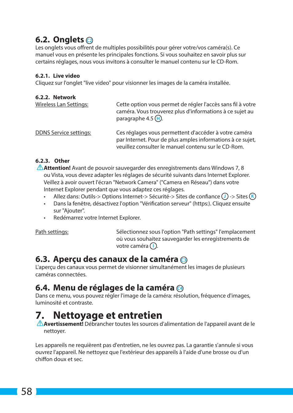 Nettoyage et entretien, Onglets, Aperçu des canaux de la caméra | Menu de réglages de la caméra | ELRO C903IP.2 Plug & play network camera User Manual | Page 58 / 132