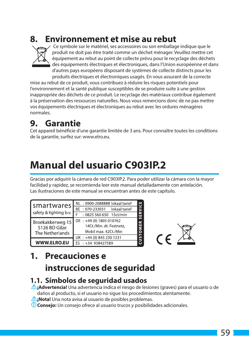 Manual del usuario c903ip.2, 59 8. environnement et mise au rebut, Garantie | Precauciones e instrucciones de seguridad, Símbolos de seguridad usados | ELRO C903IP.2 Plug & play network camera User Manual | Page 59 / 132