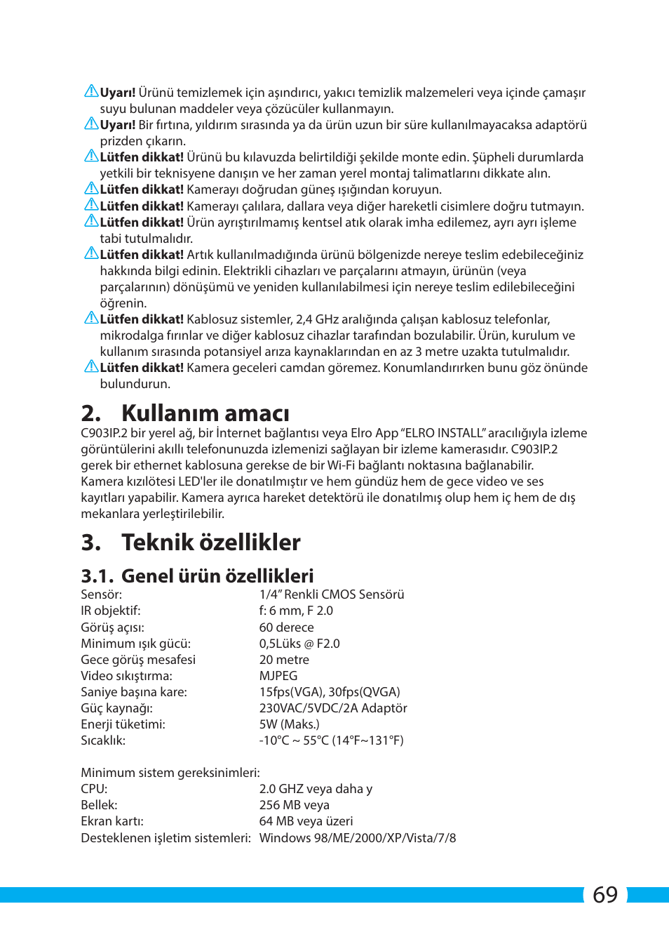 Kullanım amacı, Teknik özellikler, Genel ürün özellikleri | ELRO C903IP.2 Plug & play network camera User Manual | Page 69 / 132