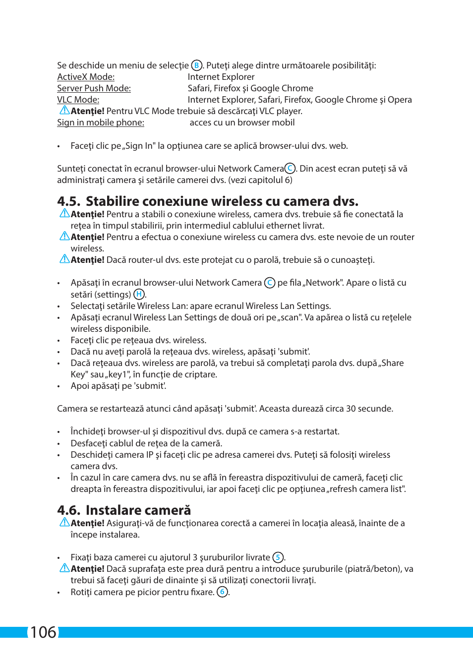 Stabilire conexiune wireless cu camera dvs, Instalare cameră | ELRO C803IP.2 Plug & play network camera User Manual | Page 106 / 128