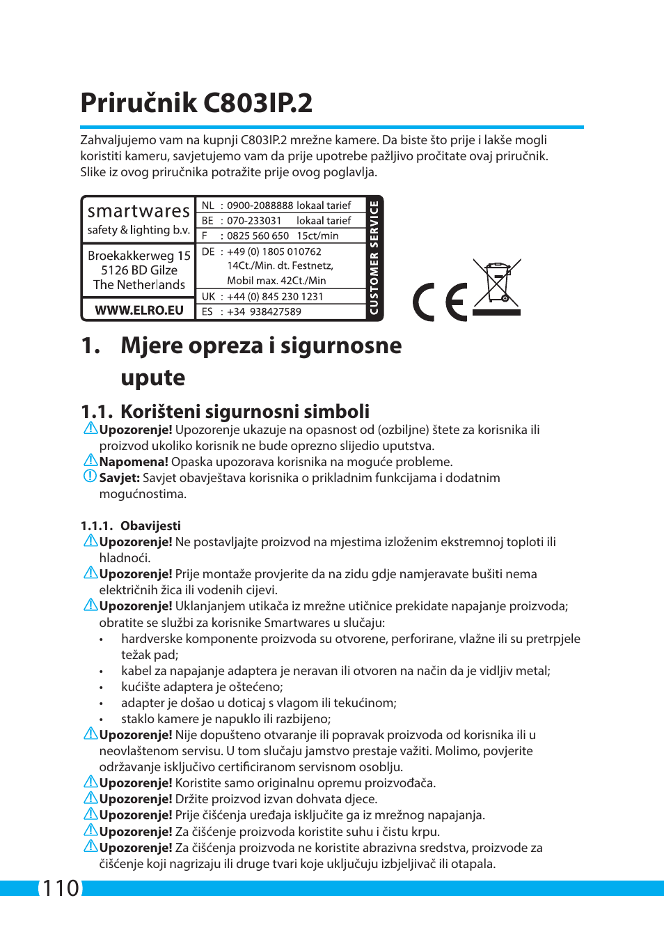 Priručnik c803ip.2, Mjere opreza i sigurnosne upute, Korišteni sigurnosni simboli | ELRO C803IP.2 Plug & play network camera User Manual | Page 110 / 128