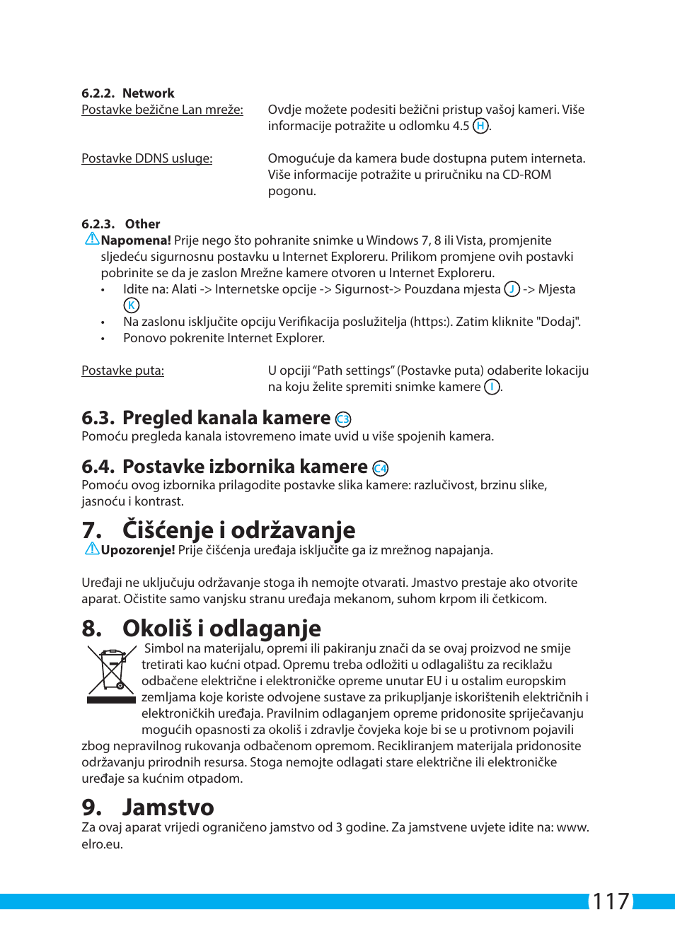 Čišćenje i održavanje, Okoliš i odlaganje, Jamstvo | Pregled kanala kamere, Postavke izbornika kamere | ELRO C803IP.2 Plug & play network camera User Manual | Page 117 / 128