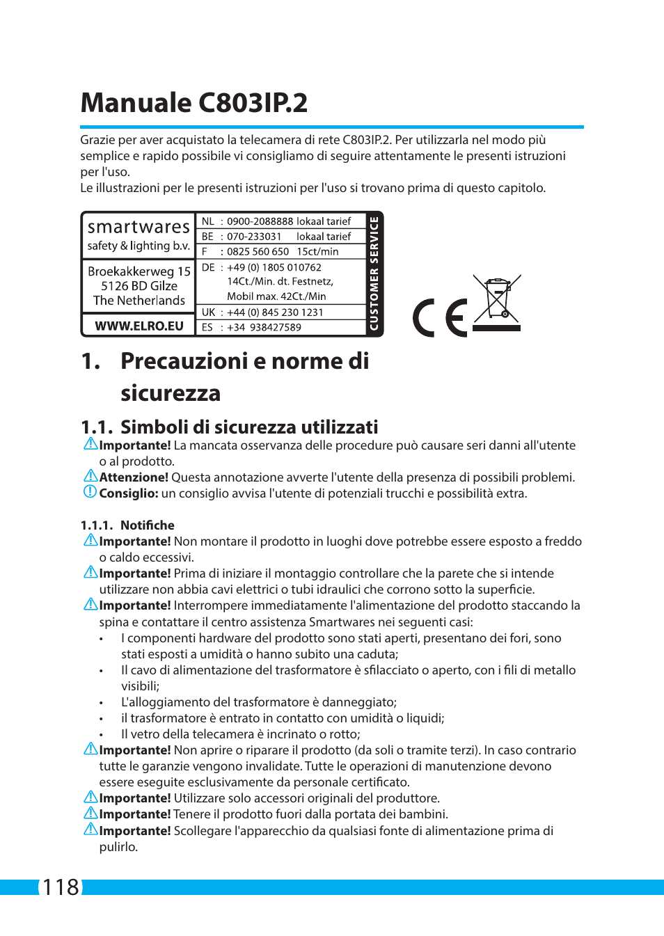 Manuale c803ip.2, Precauzioni e norme di sicurezza, Simboli di sicurezza utilizzati | ELRO C803IP.2 Plug & play network camera User Manual | Page 118 / 128