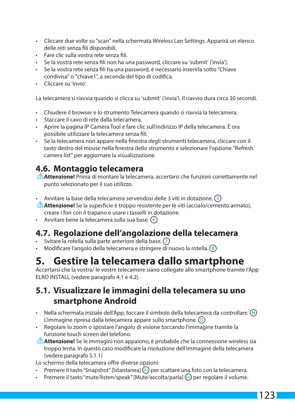 Gestire la telecamera dallo smartphone, Montaggio telecamera, Regolazione dell’angolazione della telecamera | ELRO C803IP.2 Plug & play network camera User Manual | Page 123 / 128