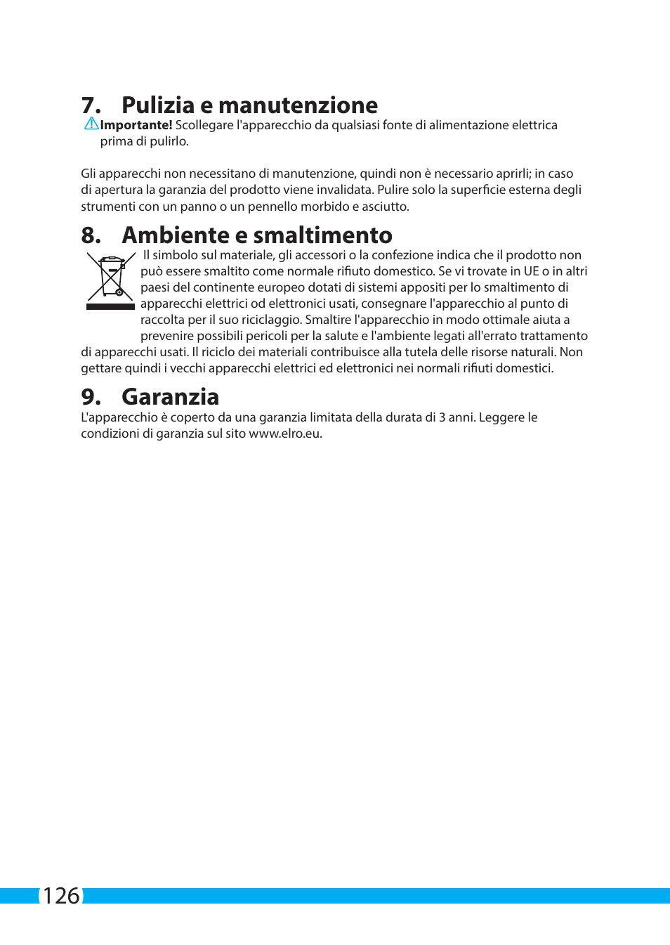 126 7. pulizia e manutenzione, Ambiente e smaltimento, Garanzia | ELRO C803IP.2 Plug & play network camera User Manual | Page 126 / 128