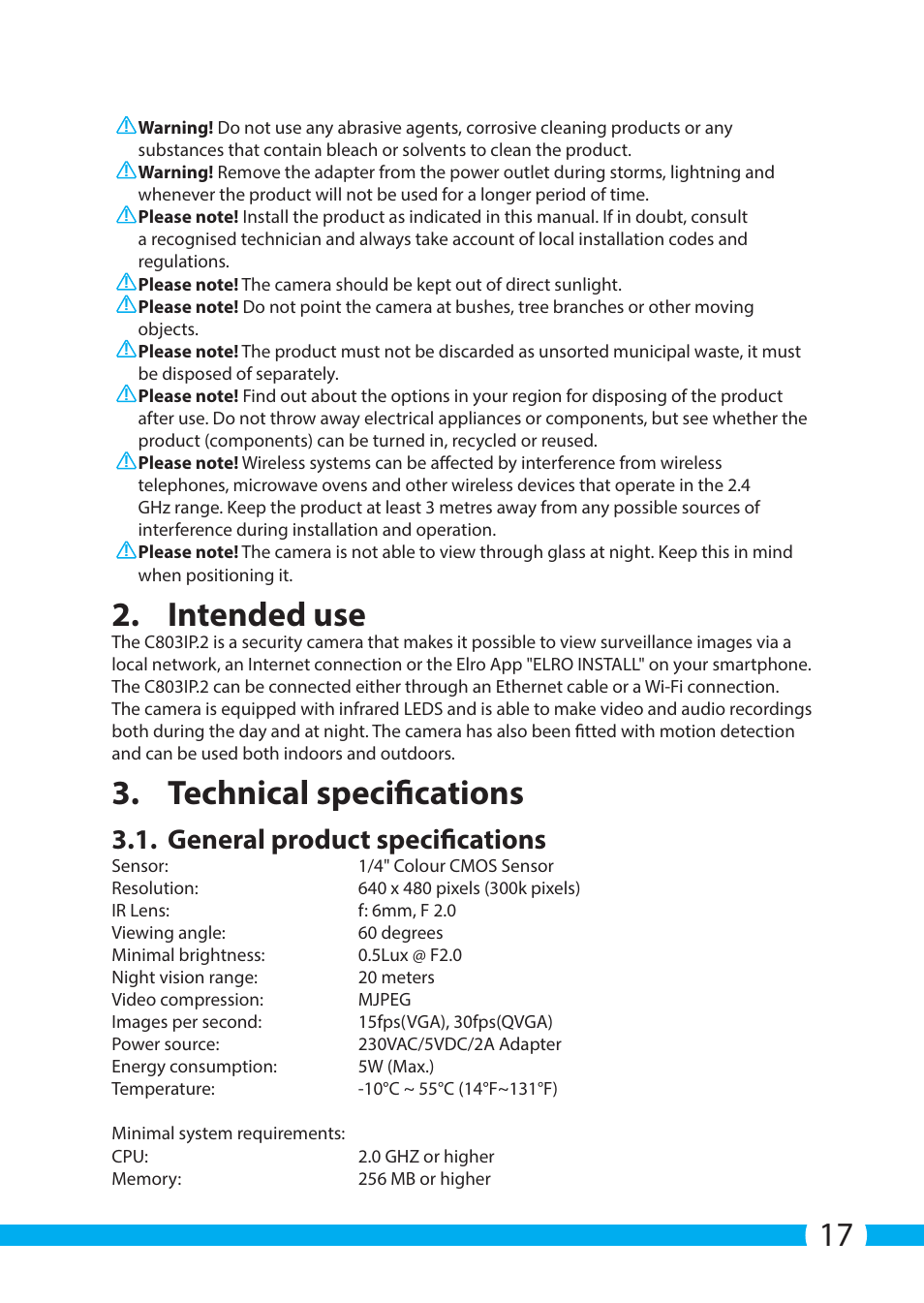 Intended use, Technical specifications, General product specifications | ELRO C803IP.2 Plug & play network camera User Manual | Page 17 / 128