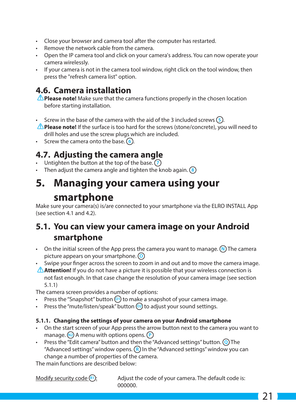 Managing your camera using your smartphone, Camera installation, Adjusting the camera angle | ELRO C803IP.2 Plug & play network camera User Manual | Page 21 / 128