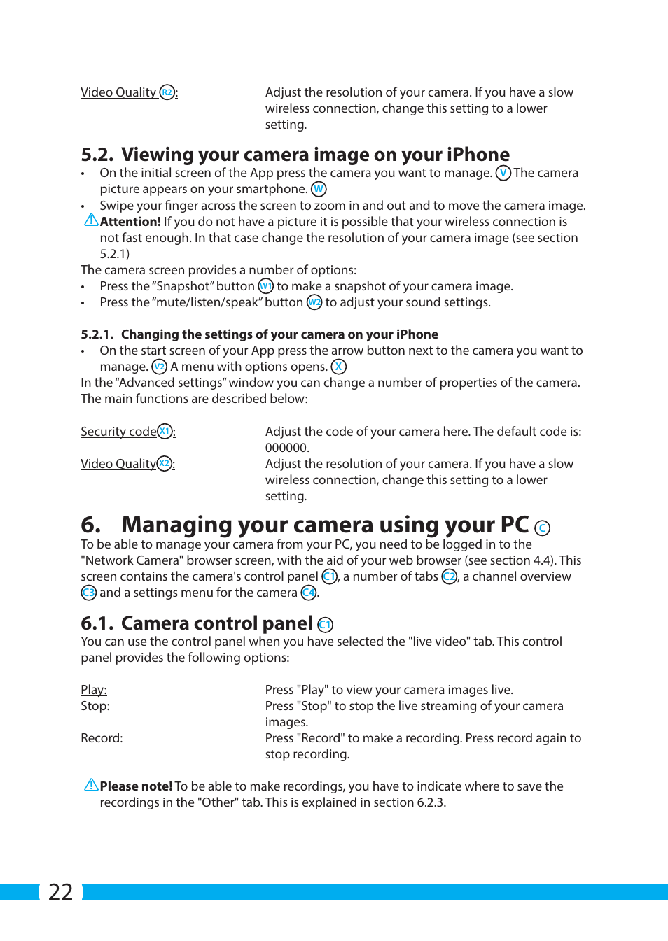 Managing your camera using your pc, Viewing your camera image on your iphone, Camera control panel | ELRO C803IP.2 Plug & play network camera User Manual | Page 22 / 128