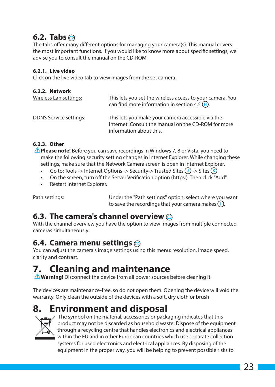 Cleaning and maintenance, Environment and disposal, Tabs | The camera's channel overview, Camera menu settings | ELRO C803IP.2 Plug & play network camera User Manual | Page 23 / 128