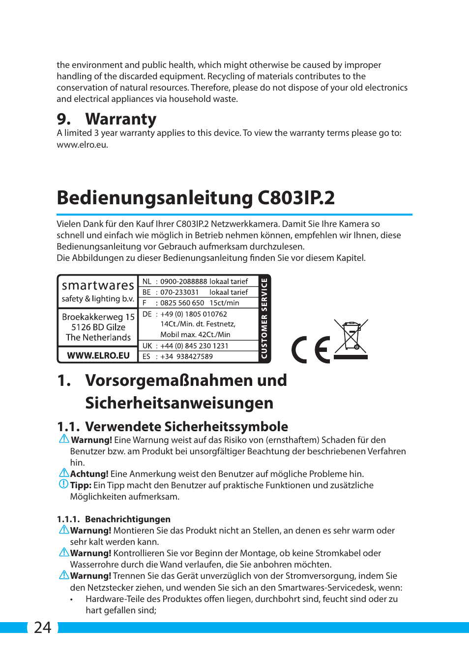 Bedienungsanleitung c803ip.2, Warranty, Vorsorgemaßnahmen und sicherheitsanweisungen | Verwendete sicherheitssymbole | ELRO C803IP.2 Plug & play network camera User Manual | Page 24 / 128