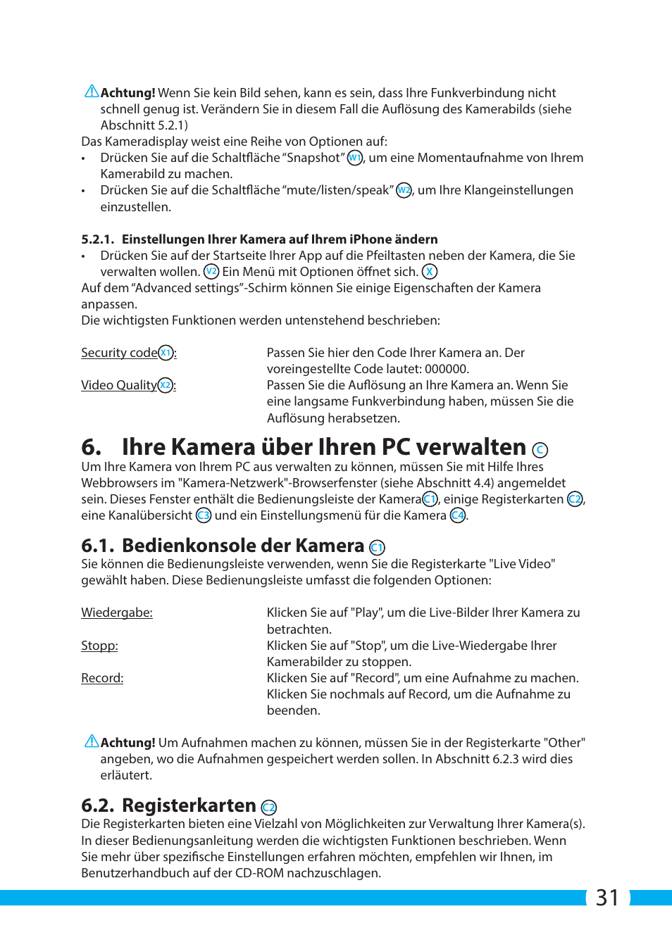Ihre kamera über ihren pc verwalten, Bedienkonsole der kamera, Registerkarten | ELRO C803IP.2 Plug & play network camera User Manual | Page 31 / 128