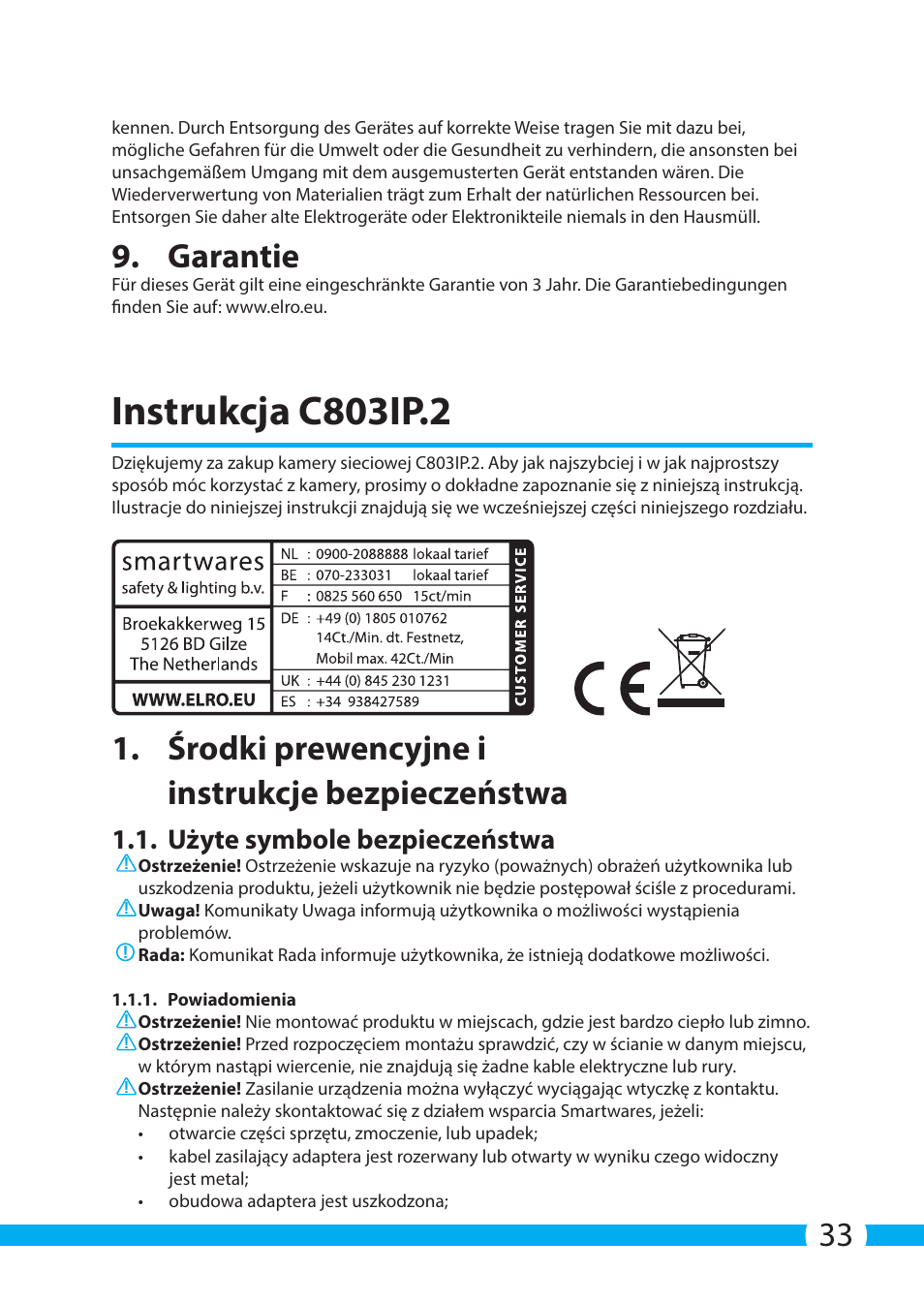 Instrukcja c803ip.2, Garantie, Środki prewencyjne i instrukcje bezpieczeństwa | Użyte symbole bezpieczeństwa | ELRO C803IP.2 Plug & play network camera User Manual | Page 33 / 128