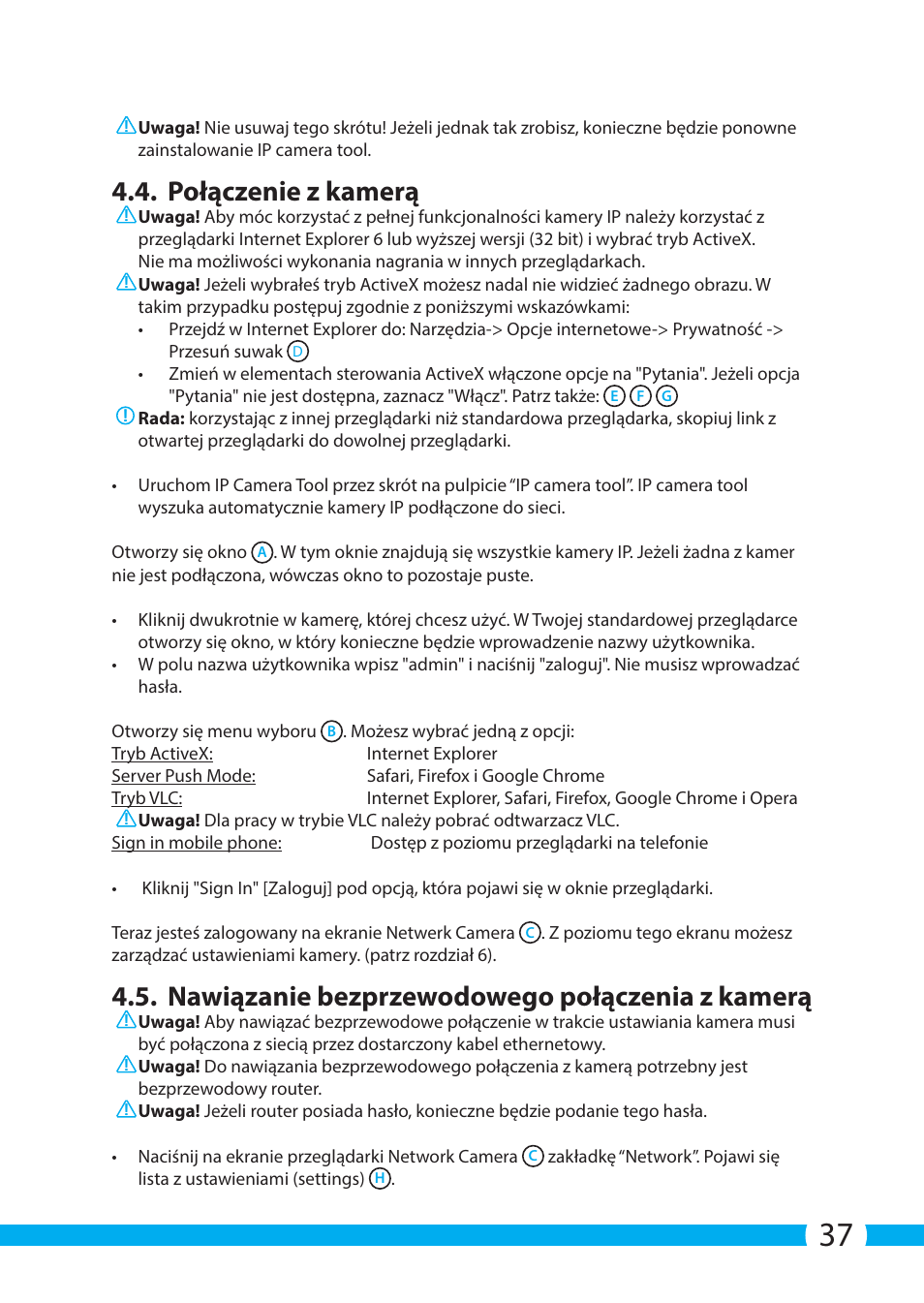 Połączenie z kamerą, Nawiązanie bezprzewodowego połączenia z kamerą | ELRO C803IP.2 Plug & play network camera User Manual | Page 37 / 128