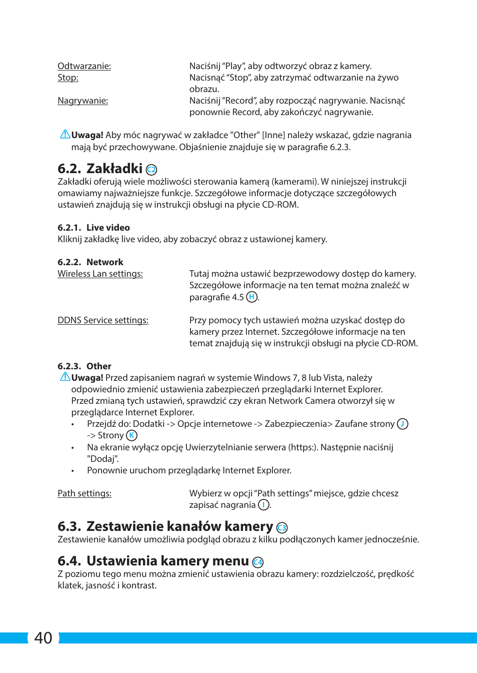 Zakładki, Zestawienie kanałów kamery, Ustawienia kamery menu | ELRO C803IP.2 Plug & play network camera User Manual | Page 40 / 128