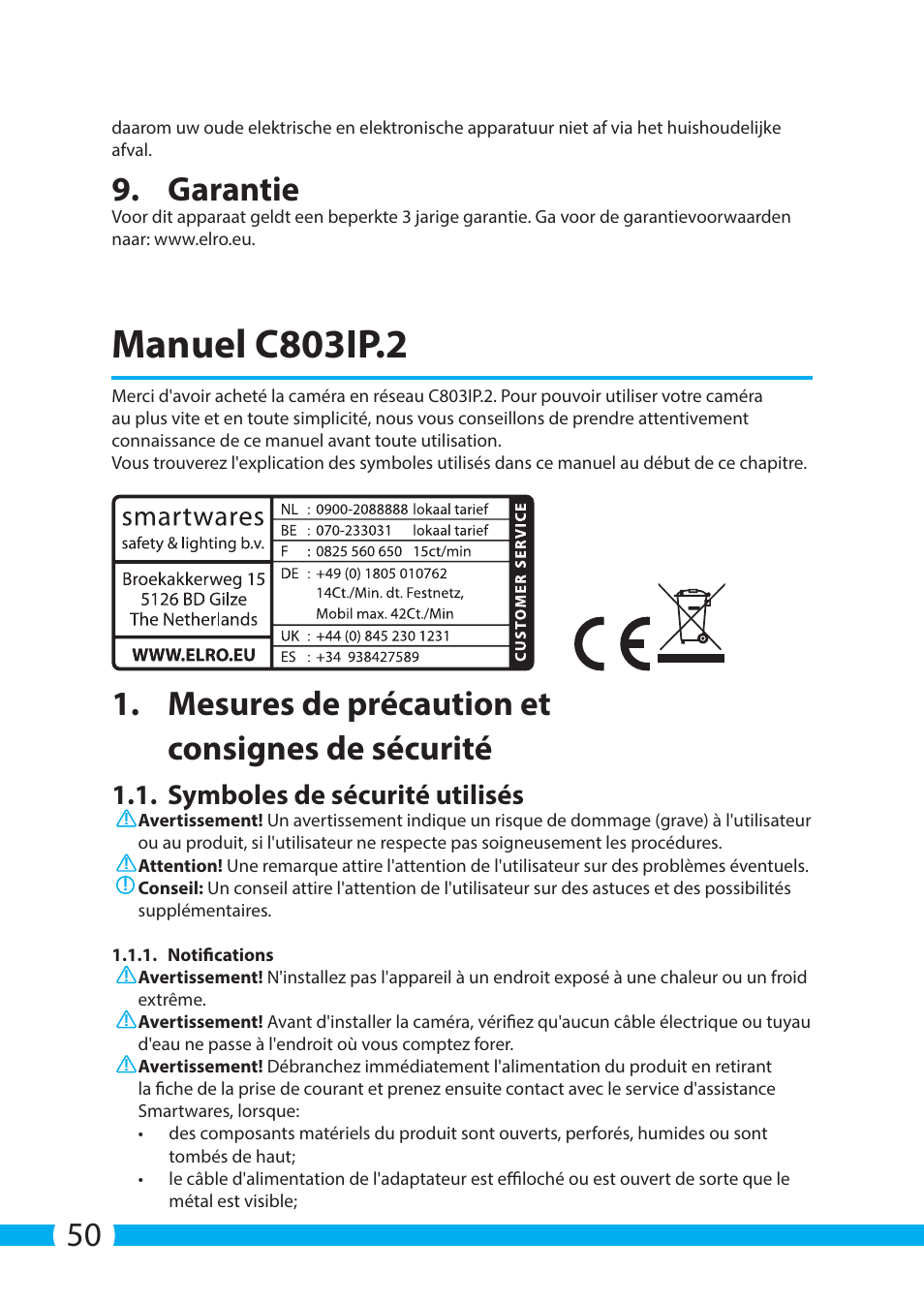 Manuel c803ip.2, Garantie, Mesures de précaution et consignes de sécurité | Symboles de sécurité utilisés | ELRO C803IP.2 Plug & play network camera User Manual | Page 50 / 128