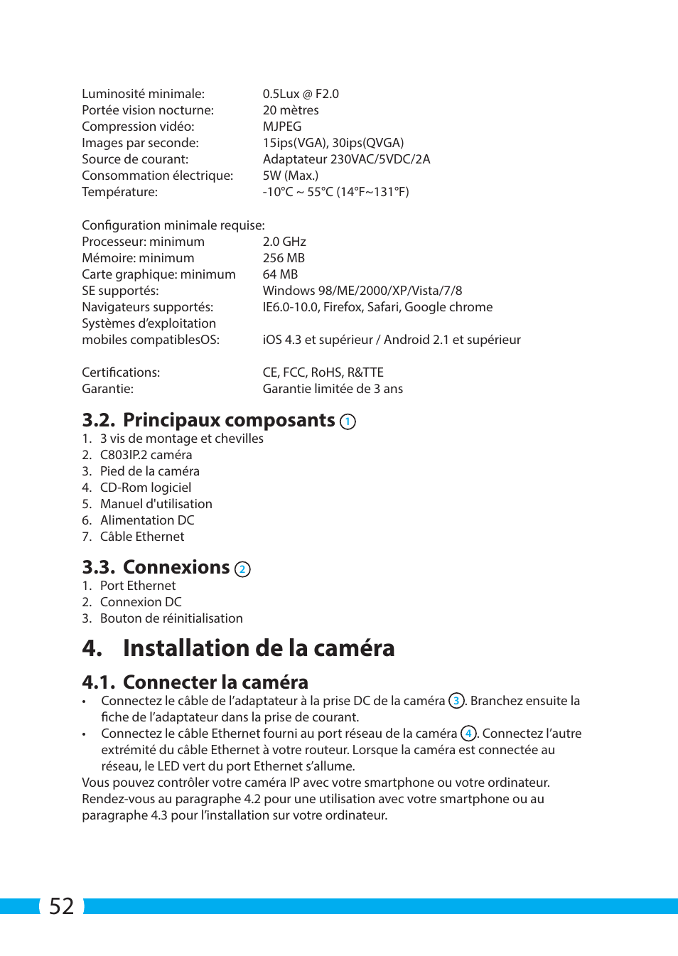 Installation de la caméra, Principaux composants, Connexions | Connecter la caméra | ELRO C803IP.2 Plug & play network camera User Manual | Page 52 / 128