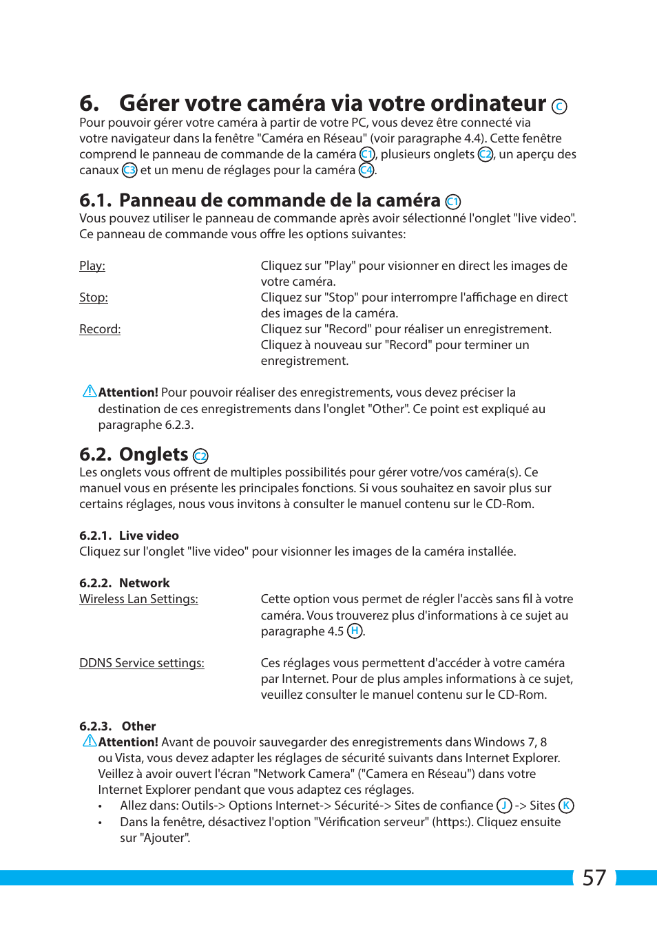 57 6. gérer votre caméra via votre ordinateur, Panneau de commande de la caméra, Onglets | ELRO C803IP.2 Plug & play network camera User Manual | Page 57 / 128