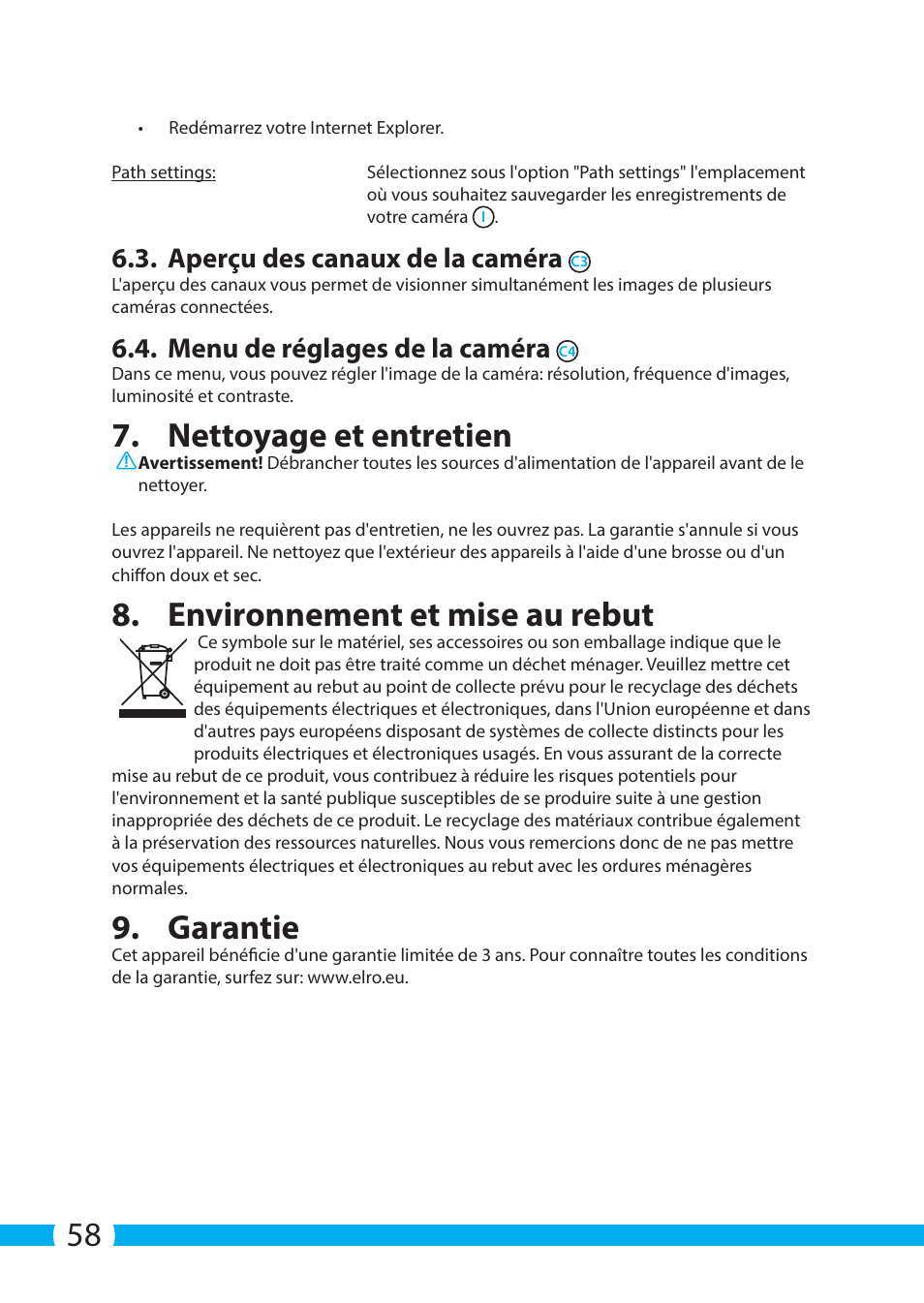Nettoyage et entretien, Environnement et mise au rebut, Garantie | Aperçu des canaux de la caméra, Menu de réglages de la caméra | ELRO C803IP.2 Plug & play network camera User Manual | Page 58 / 128