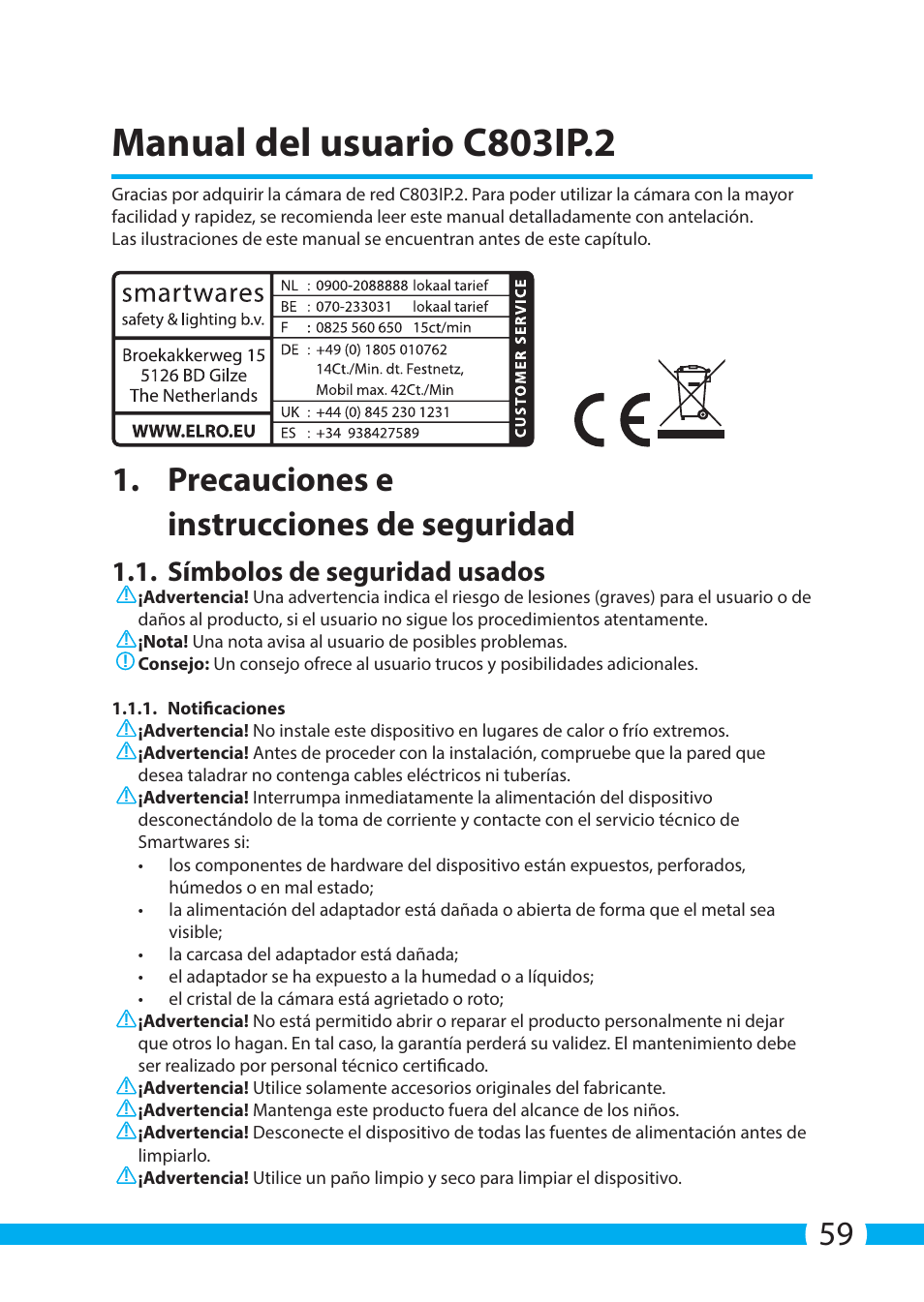 Manual del usuario c803ip.2, Precauciones e instrucciones de seguridad, Símbolos de seguridad usados | ELRO C803IP.2 Plug & play network camera User Manual | Page 59 / 128