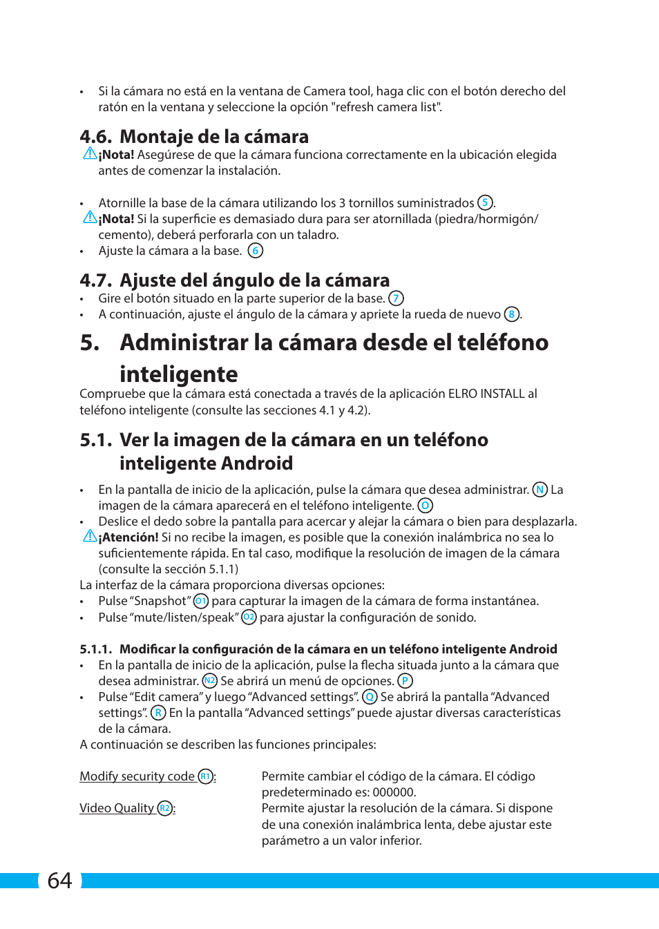 Montaje de la cámara, Ajuste del ángulo de la cámara | ELRO C803IP.2 Plug & play network camera User Manual | Page 64 / 128
