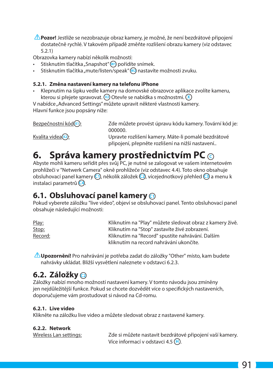 Správa kamery prostřednictvím pc, Obsluhovací panel kamery, Záložky | ELRO C803IP.2 Plug & play network camera User Manual | Page 91 / 128