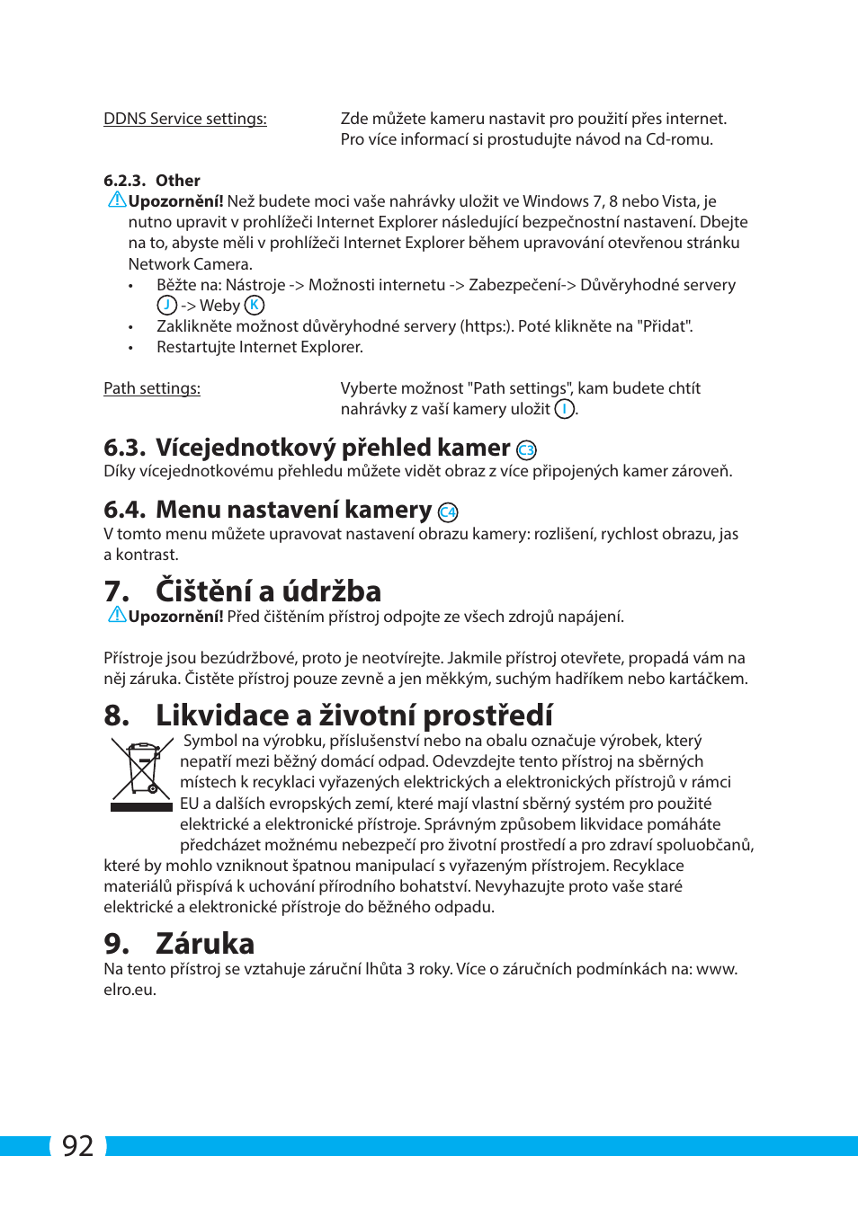 Čištění a údržba, Likvidace a životní prostředí, Záruka | Vícejednotkový přehled kamer, Menu nastavení kamery | ELRO C803IP.2 Plug & play network camera User Manual | Page 92 / 128
