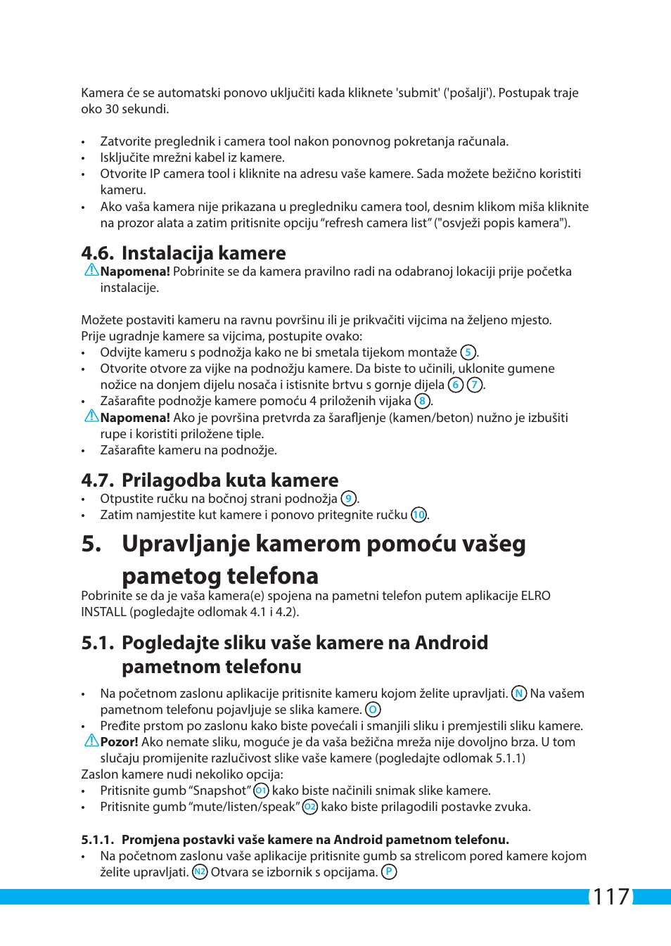 Upravljanje kamerom pomoću vašeg pametog telefona, Instalacija kamere, Prilagodba kuta kamere | ELRO C703IP.2 Plug & play network camera User Manual | Page 117 / 132