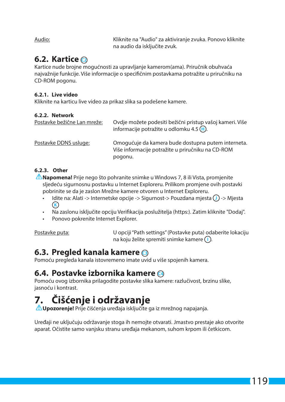 Čišćenje i održavanje, Kartice, Pregled kanala kamere | Postavke izbornika kamere | ELRO C703IP.2 Plug & play network camera User Manual | Page 119 / 132