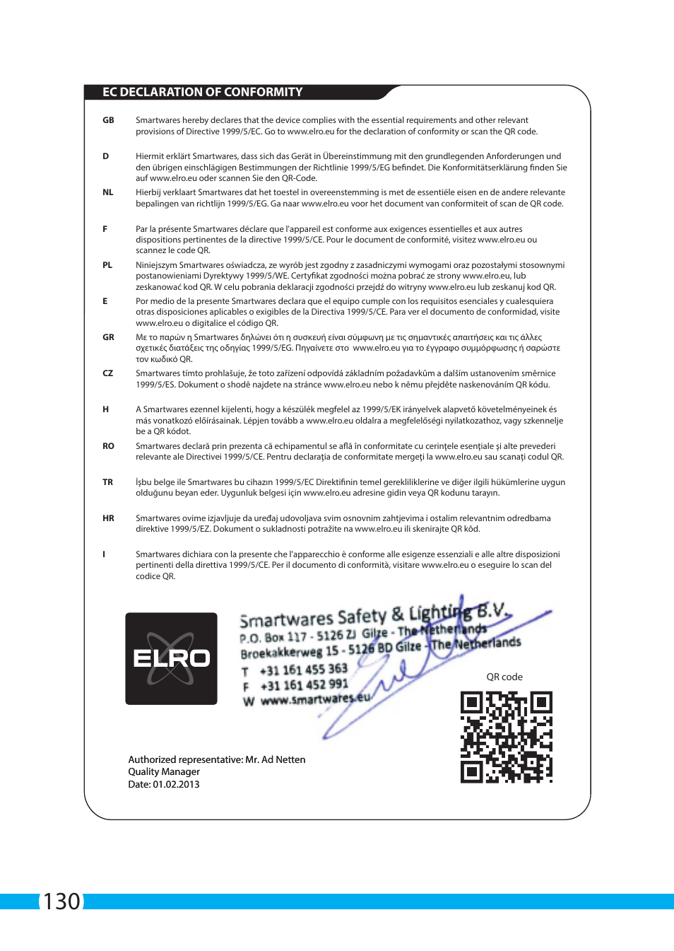 Ec declaration of conformity | ELRO C703IP.2 Plug & play network camera User Manual | Page 130 / 132