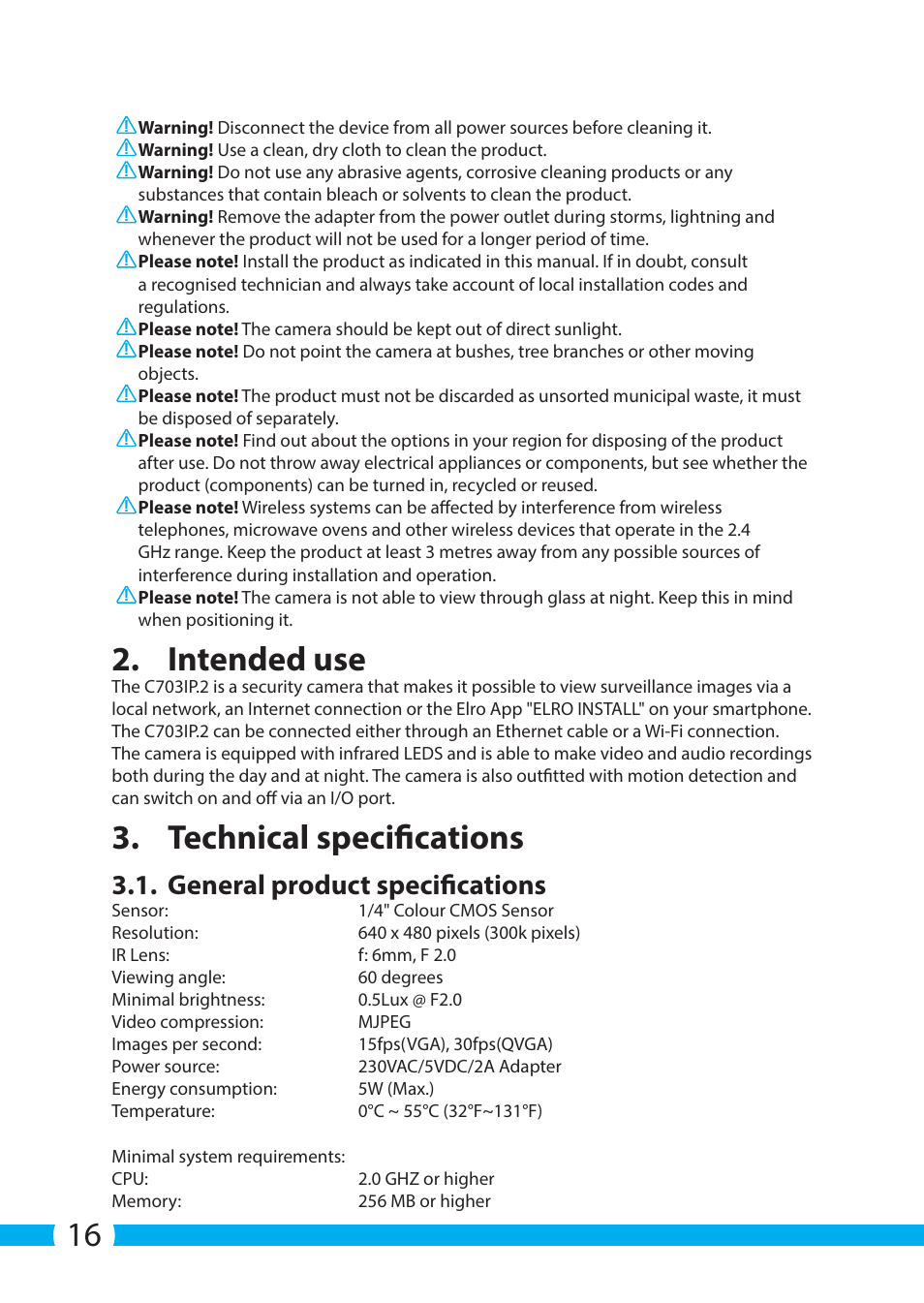 Intended use, Technical specifications, General product specifications | ELRO C703IP.2 Plug & play network camera User Manual | Page 16 / 132