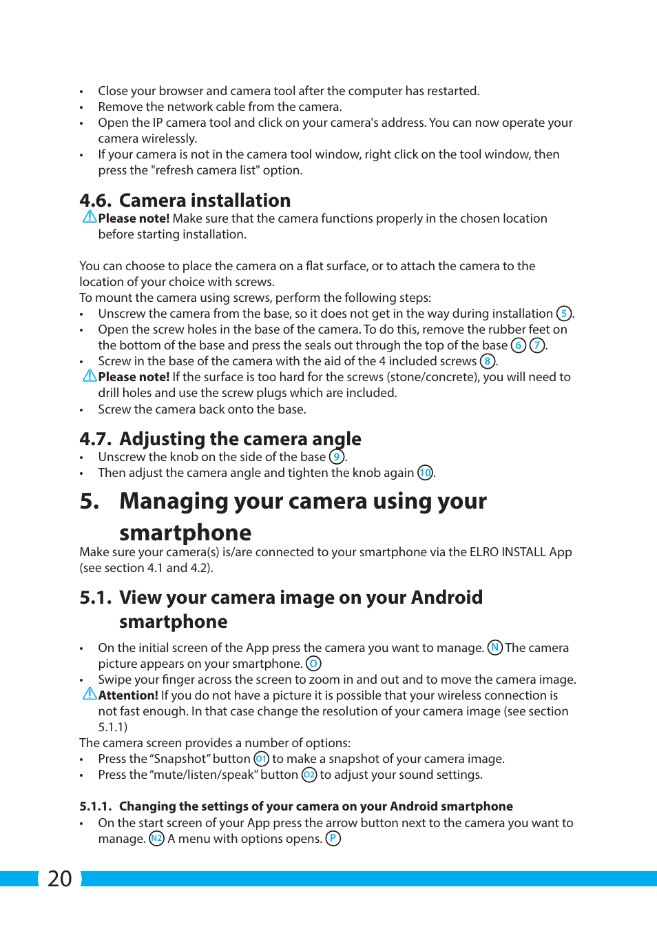 Managing your camera using your smartphone, Camera installation, Adjusting the camera angle | View your camera image on your android smartphone | ELRO C703IP.2 Plug & play network camera User Manual | Page 20 / 132