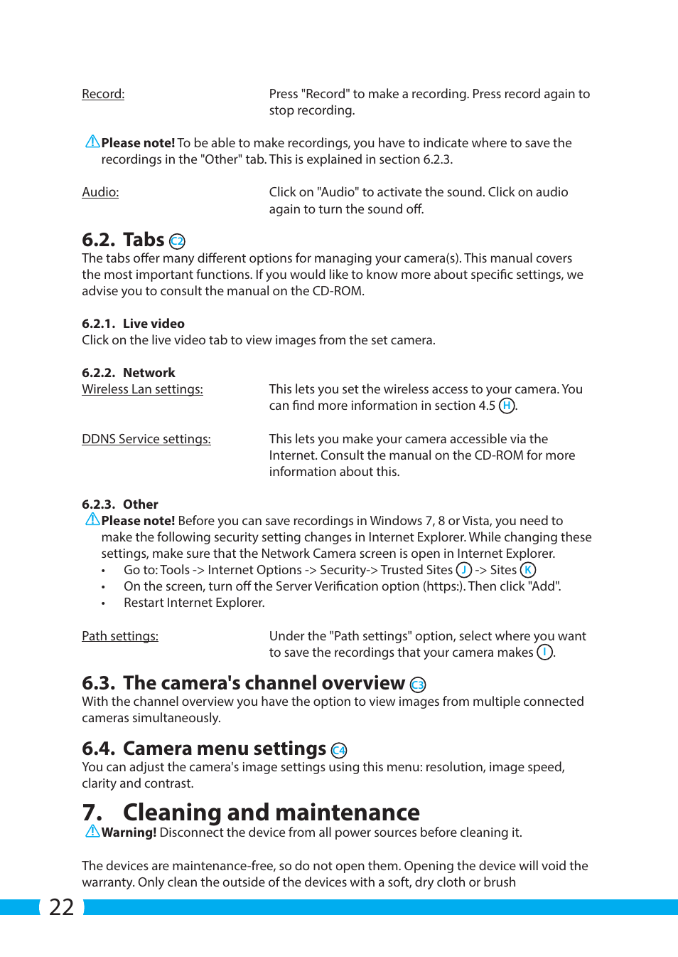 Cleaning and maintenance, Tabs, The camera's channel overview | Camera menu settings | ELRO C703IP.2 Plug & play network camera User Manual | Page 22 / 132