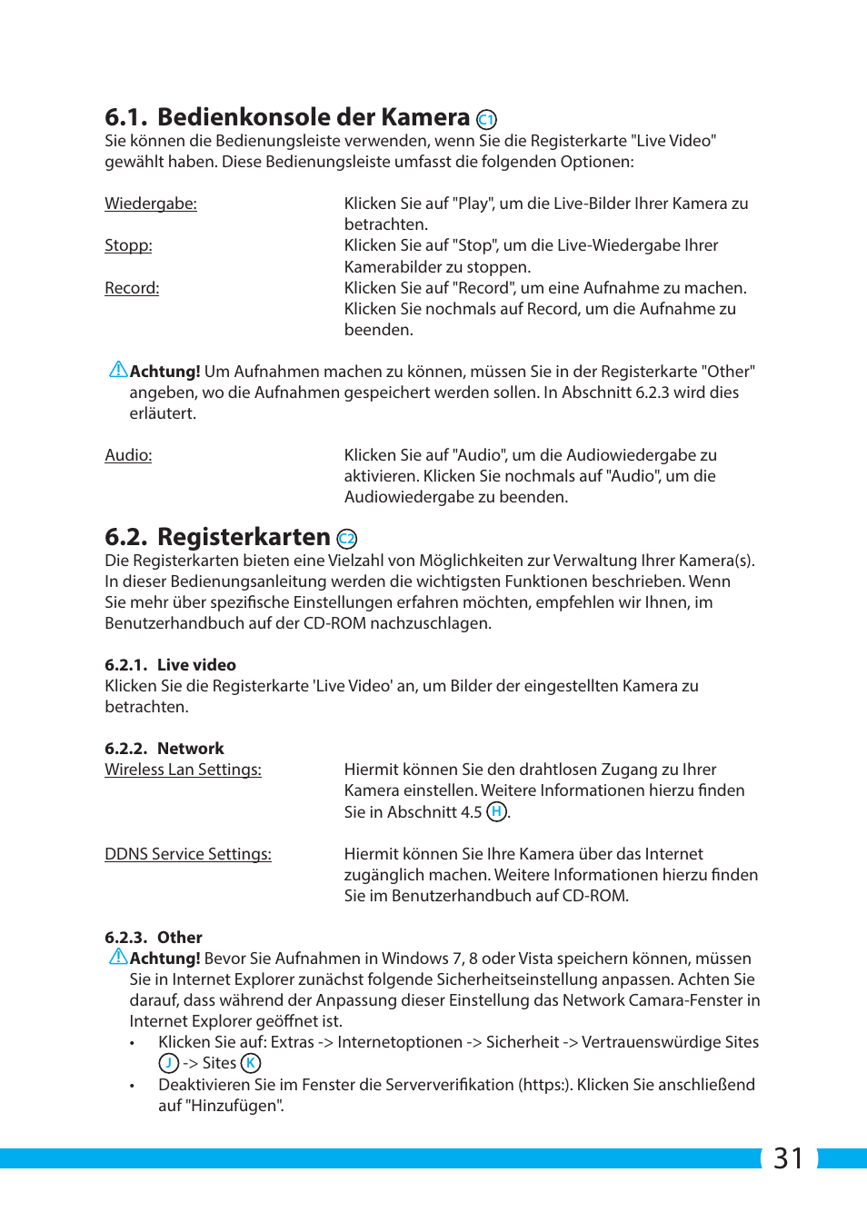 Bedienkonsole der kamera, Registerkarten | ELRO C703IP.2 Plug & play network camera User Manual | Page 31 / 132