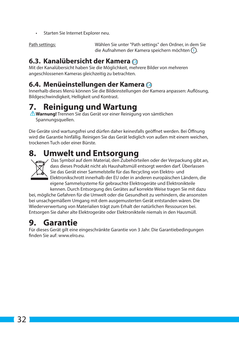 Reinigung und wartung, Umwelt und entsorgung, Garantie | Kanalübersicht der kamera, Menüeinstellungen der kamera | ELRO C703IP.2 Plug & play network camera User Manual | Page 32 / 132