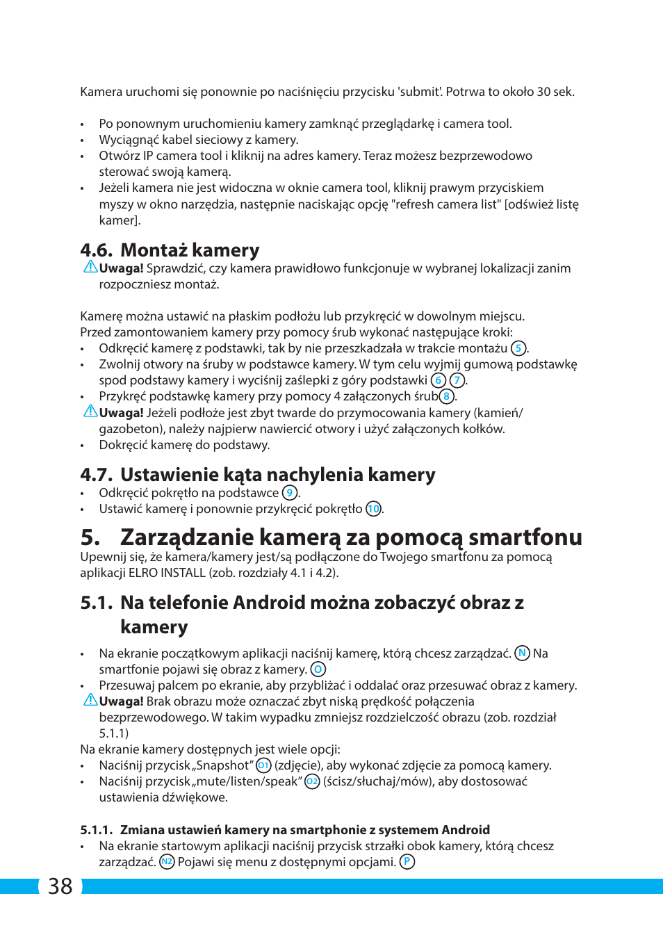 Zarządzanie kamerą za pomocą smartfonu, Montaż kamery, Ustawienie kąta nachylenia kamery | Na telefonie android można zobaczyć obraz z kamery | ELRO C703IP.2 Plug & play network camera User Manual | Page 38 / 132