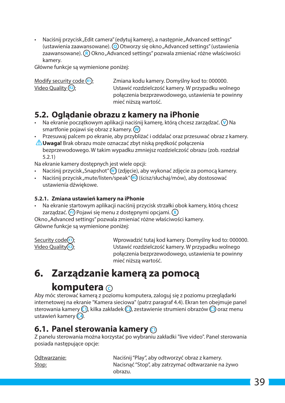 Zarządzanie kamerą za pomocą komputera, Oglądanie obrazu z kamery na iphonie, Panel sterowania kamery | ELRO C703IP.2 Plug & play network camera User Manual | Page 39 / 132