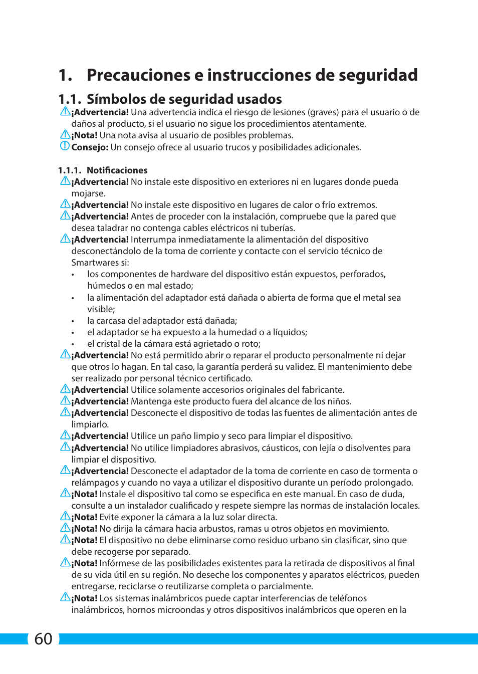60 1. precauciones e instrucciones de seguridad, Símbolos de seguridad usados | ELRO C703IP.2 Plug & play network camera User Manual | Page 60 / 132