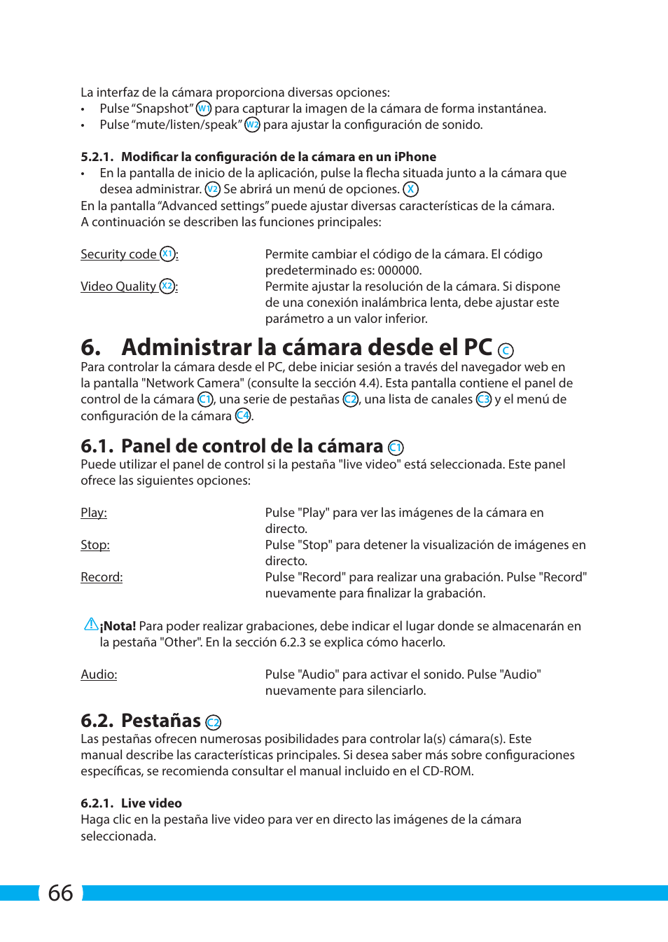 Administrar la cámara desde el pc, Panel de control de la cámara, Pestañas | ELRO C703IP.2 Plug & play network camera User Manual | Page 66 / 132