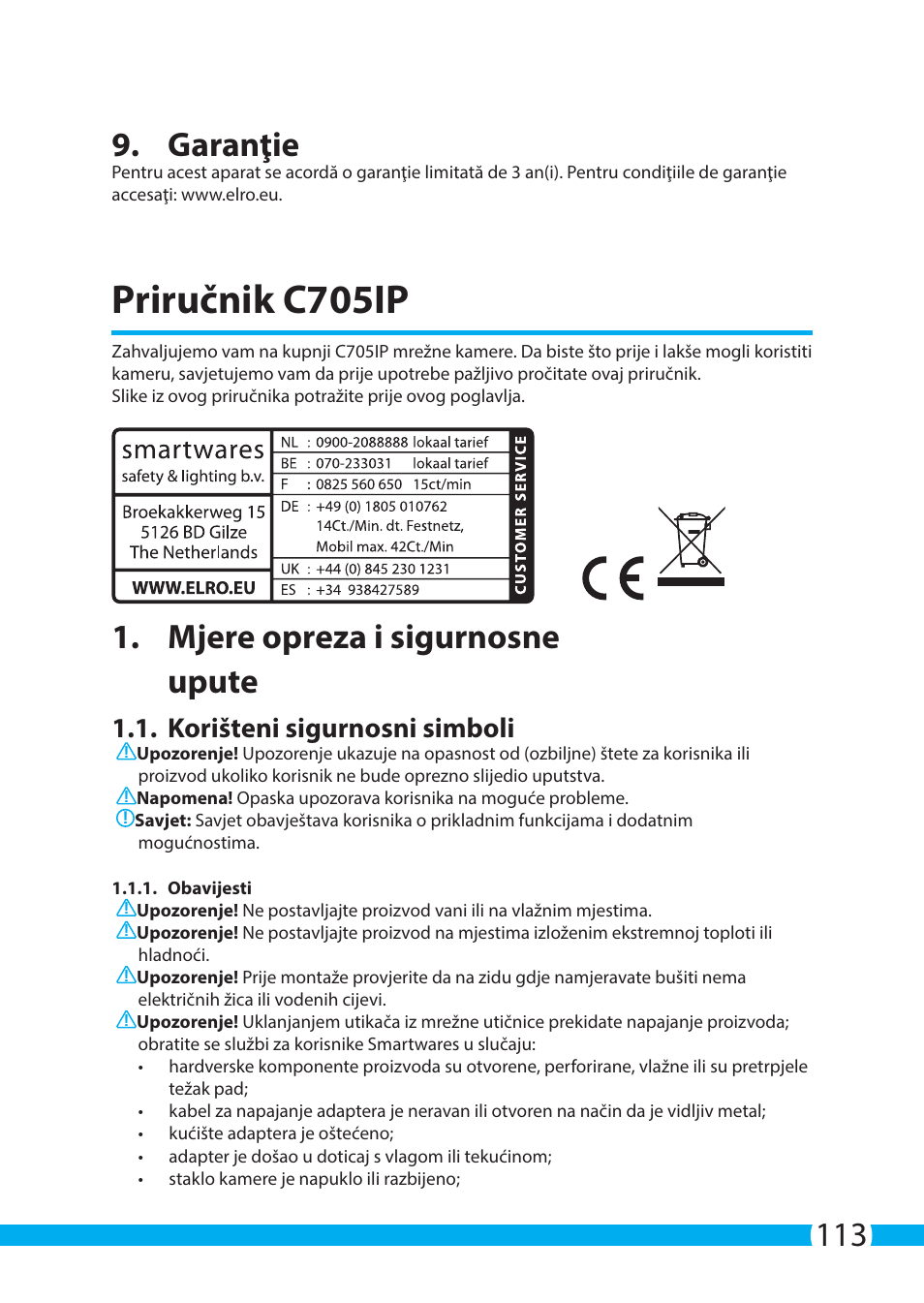 Priručnik c705ip, 113 9. garanţie, Mjere opreza i sigurnosne upute | Korišteni sigurnosni simboli | ELRO C705IP WiFi network camera User Manual | Page 113 / 132