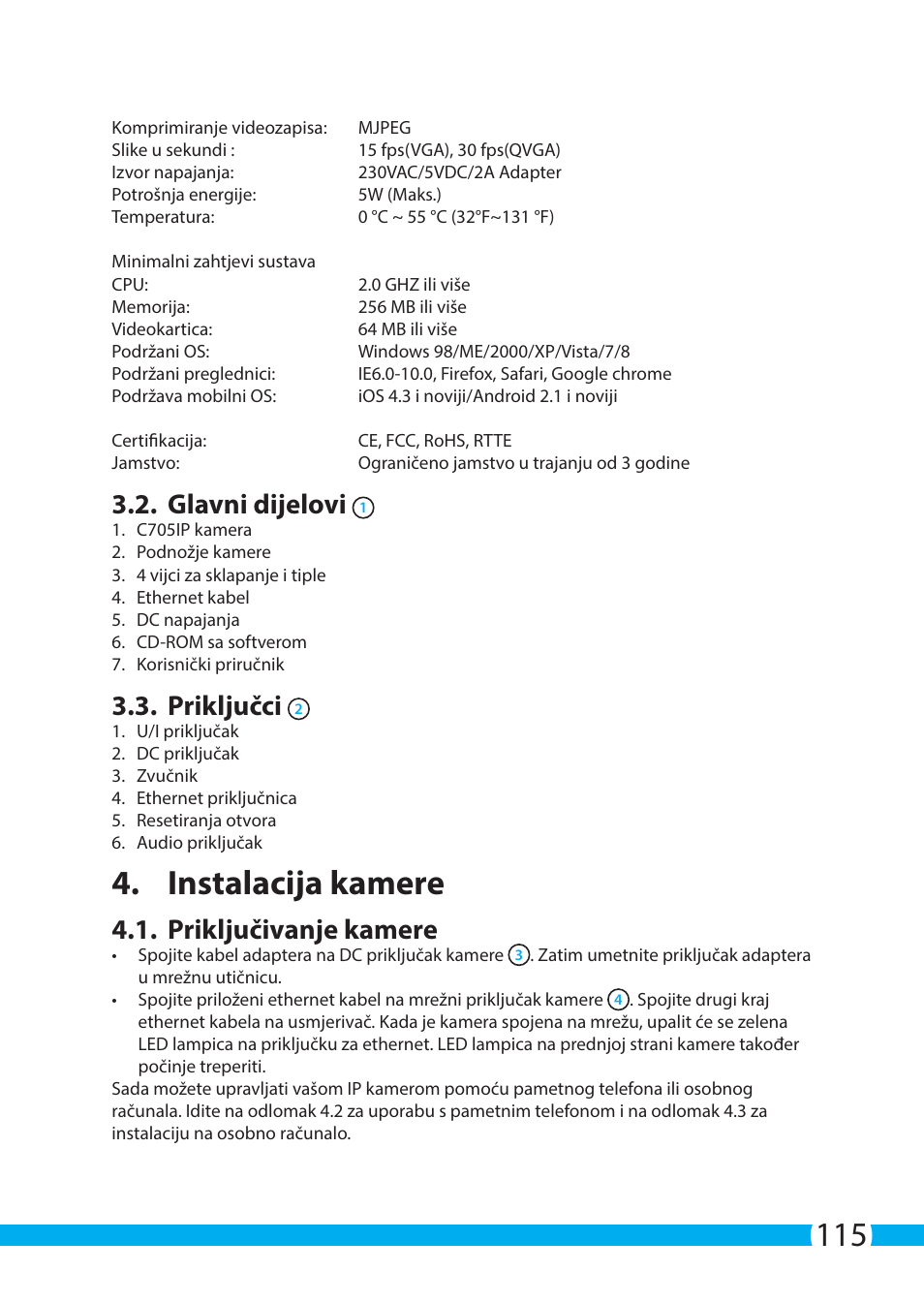 Instalacija kamere, Glavni dijelovi, Priključci | Priključivanje kamere | ELRO C705IP WiFi network camera User Manual | Page 115 / 132