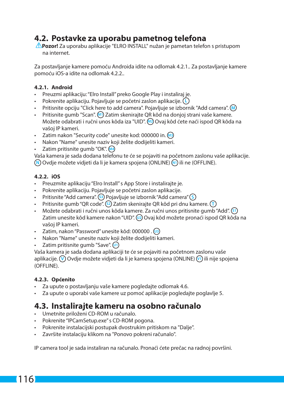 Postavke za uporabu pametnog telefona, Instalirajte kameru na osobno računalo | ELRO C705IP WiFi network camera User Manual | Page 116 / 132