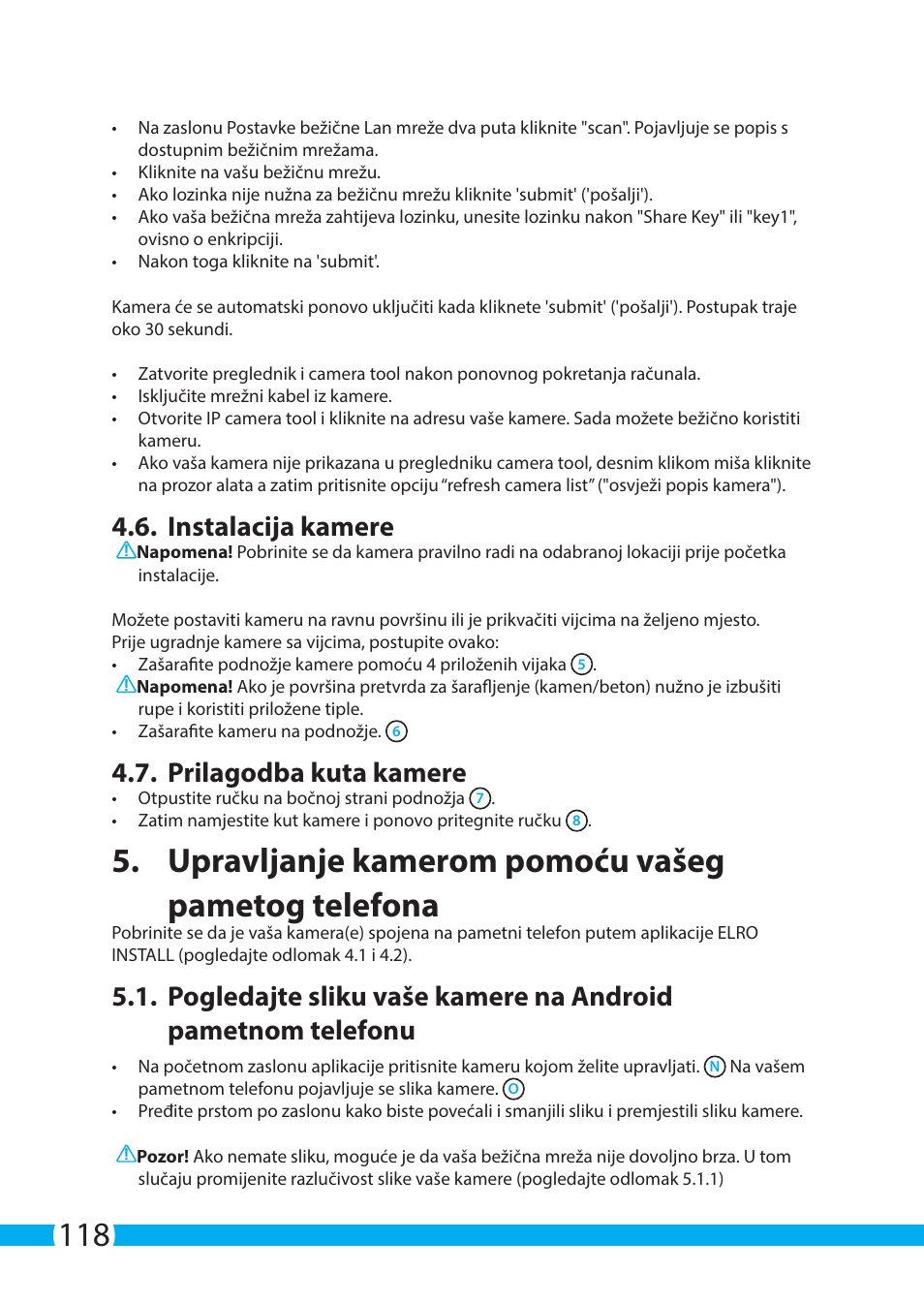 Upravljanje kamerom pomoću vašeg pametog telefona, Instalacija kamere, Prilagodba kuta kamere | ELRO C705IP WiFi network camera User Manual | Page 118 / 132