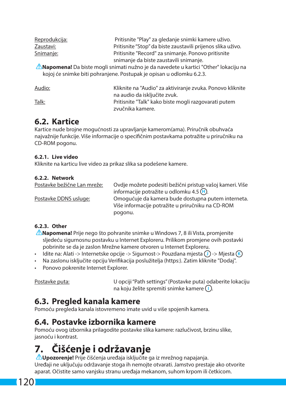 Čišćenje i održavanje, Kartice, Pregled kanala kamere | Postavke izbornika kamere | ELRO C705IP WiFi network camera User Manual | Page 120 / 132