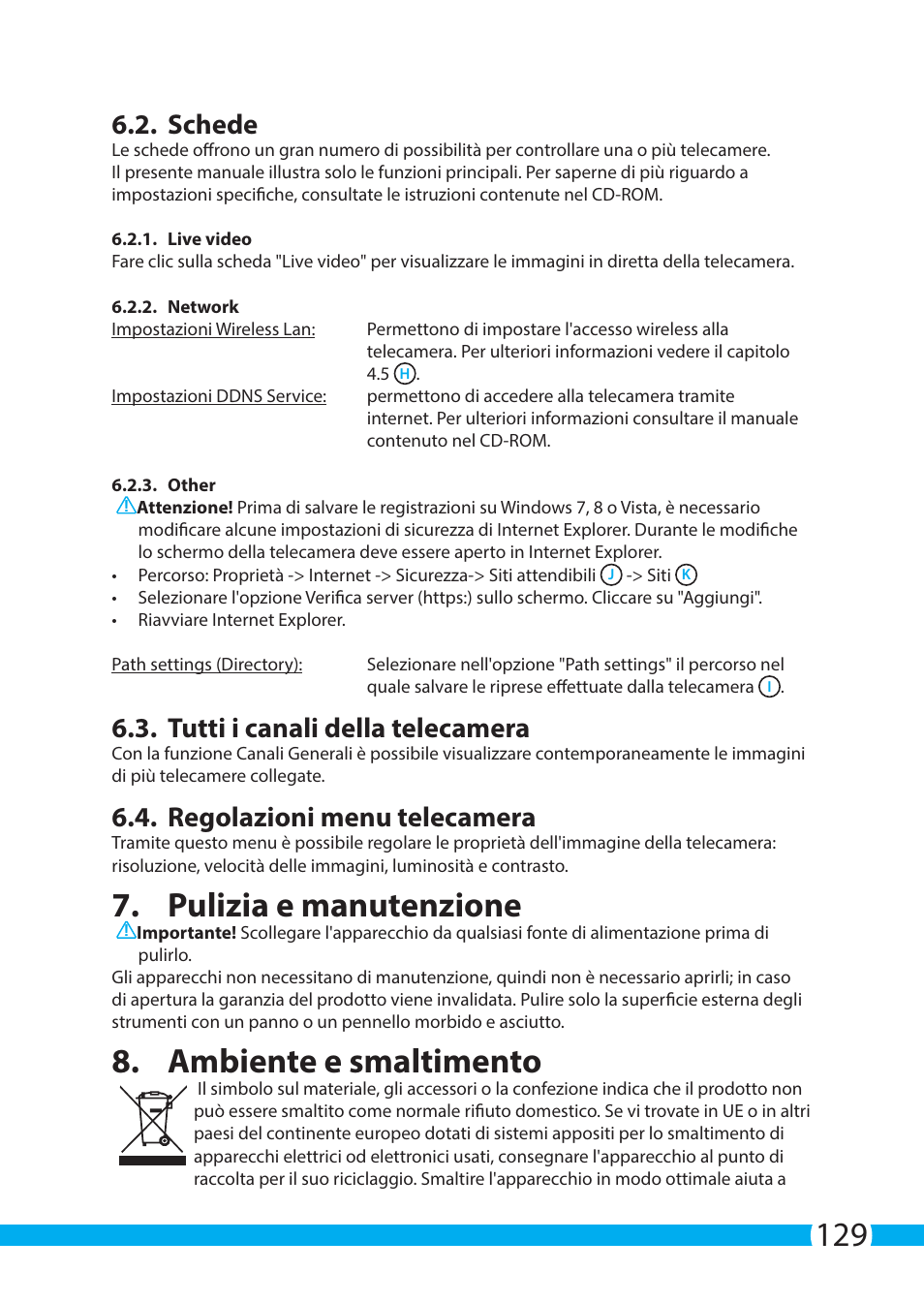 Pulizia e manutenzione, Ambiente e smaltimento, Schede | Tutti i canali della telecamera, Regolazioni menu telecamera | ELRO C705IP WiFi network camera User Manual | Page 129 / 132